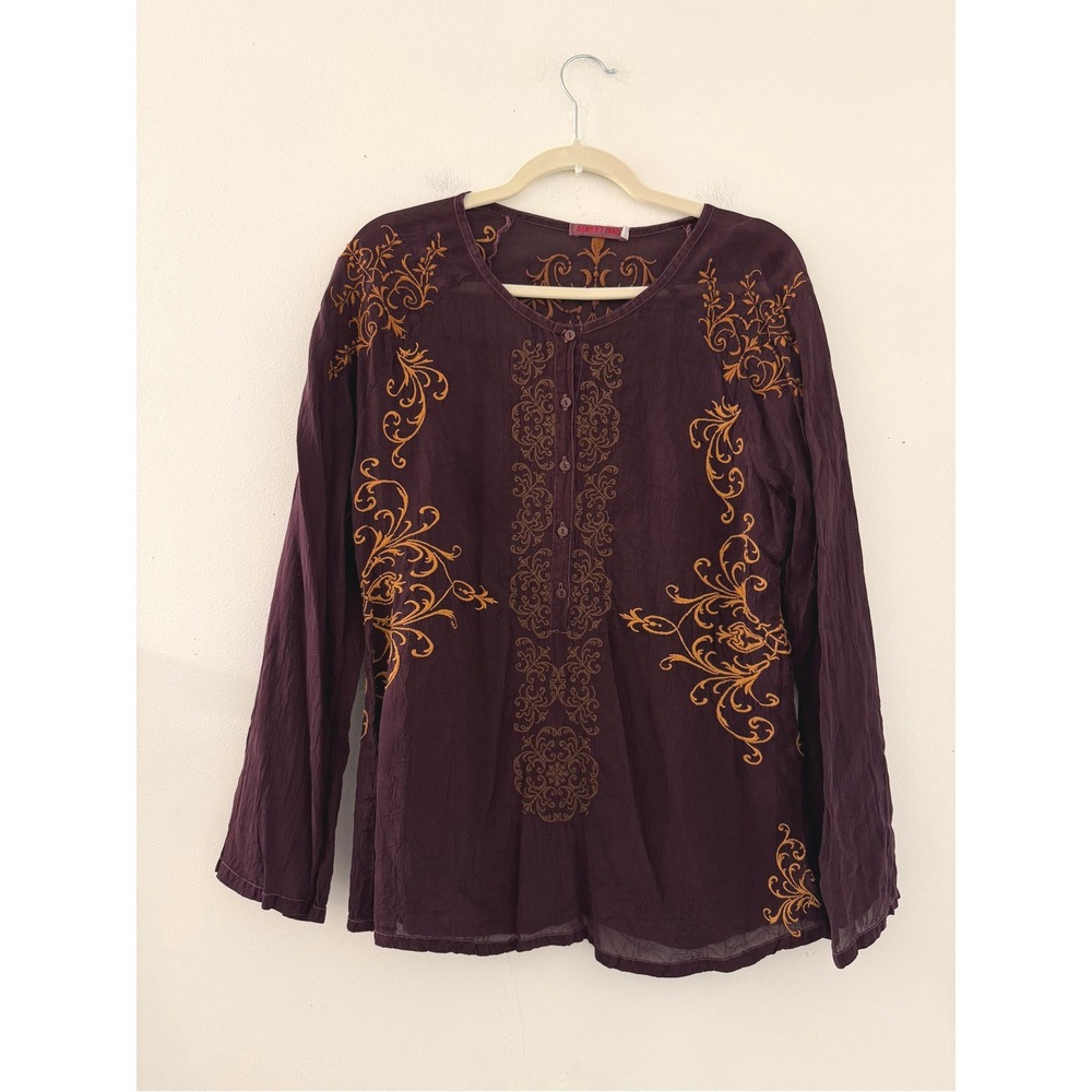Johnny Was Embroidered Tunic Top Plum Purple Gold Filigree Rayon Blouse Small - Picture 2 of 6